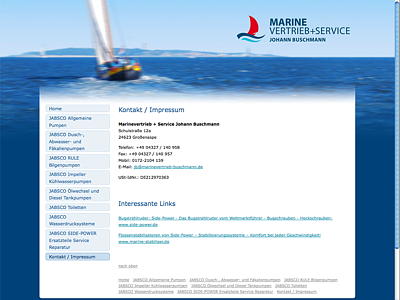 Marinevertrieb + Service Johann Buschmann – Bug- und Heckschrauben, Stabilisierungssysteme, Steuersysteme, Toiletten-Systeme, Pumpen, Impeller und Ersatzteile